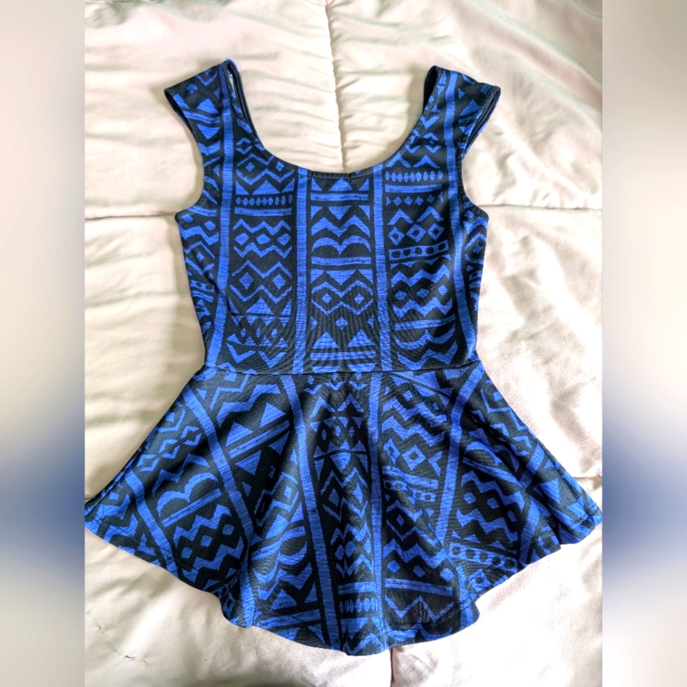 Blue and Black Geometric Patterned Peplum Top